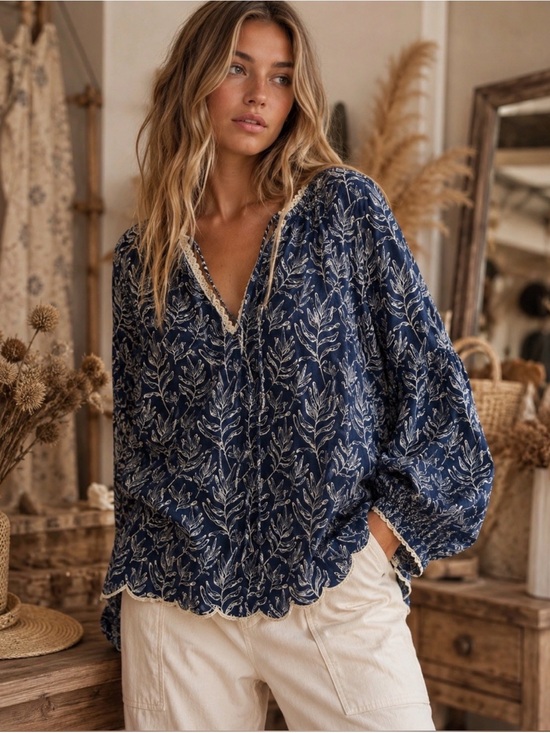 JODIFL Tops - JODIFL Scalloped Hem Navy Floral V-Neck Boho Peasant Blouse NWT Size Medium